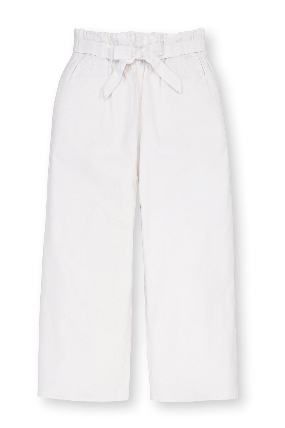 White linen wide-leg pants featuring a tie-waist, side pockets, and an elasticized waistband, perfect for toddlers and kids.