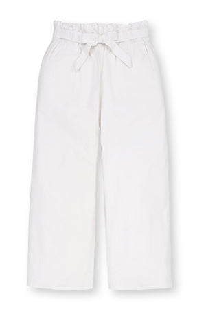 White linen wide-leg pants featuring a tie-waist, side pockets, and an elasticized waistband, perfect for toddlers and kids.