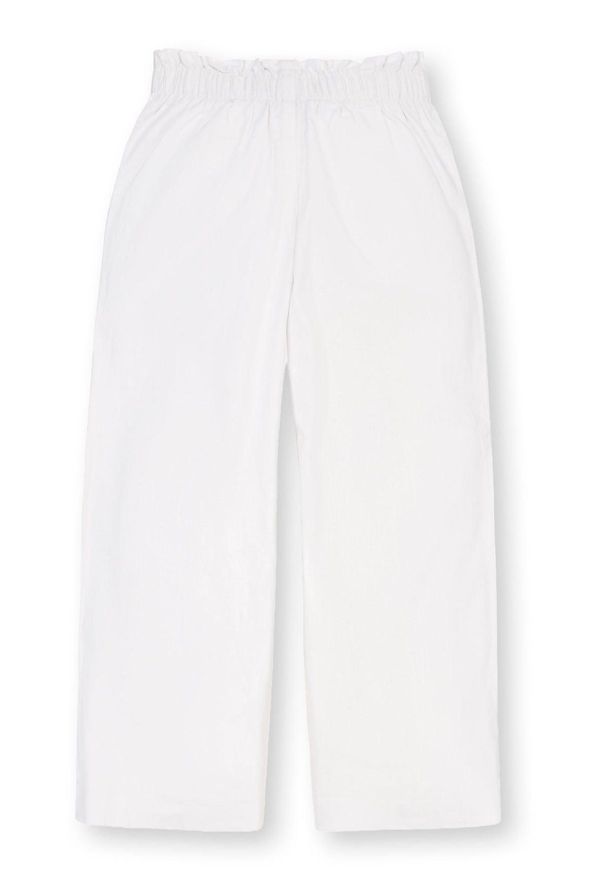 White wide-leg pants with an elasticized waistband, designed for toddlers and kids, made from a lightweight linen blend.