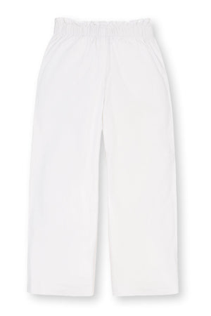 White wide-leg pants with an elasticized waistband, designed for toddlers and kids, made from a lightweight linen blend.