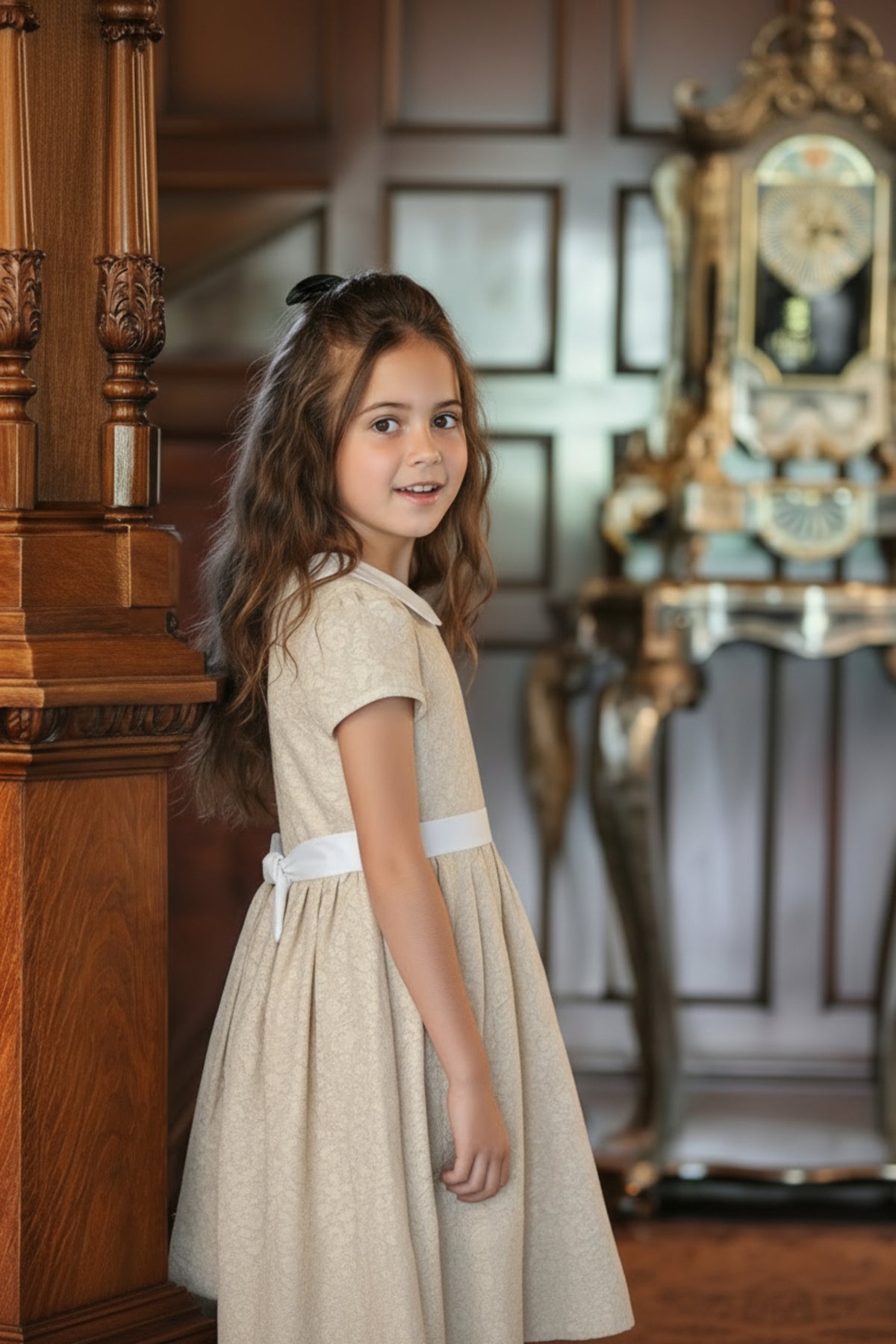 A girl in a sandy floral dress with a Peter Pan collar stands beside a wooden pillar, smiling softly.