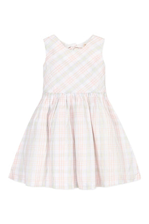 A sleeveless toddler dress in pastel plaid, featuring a flared skirt and a bow detail at the back neck.