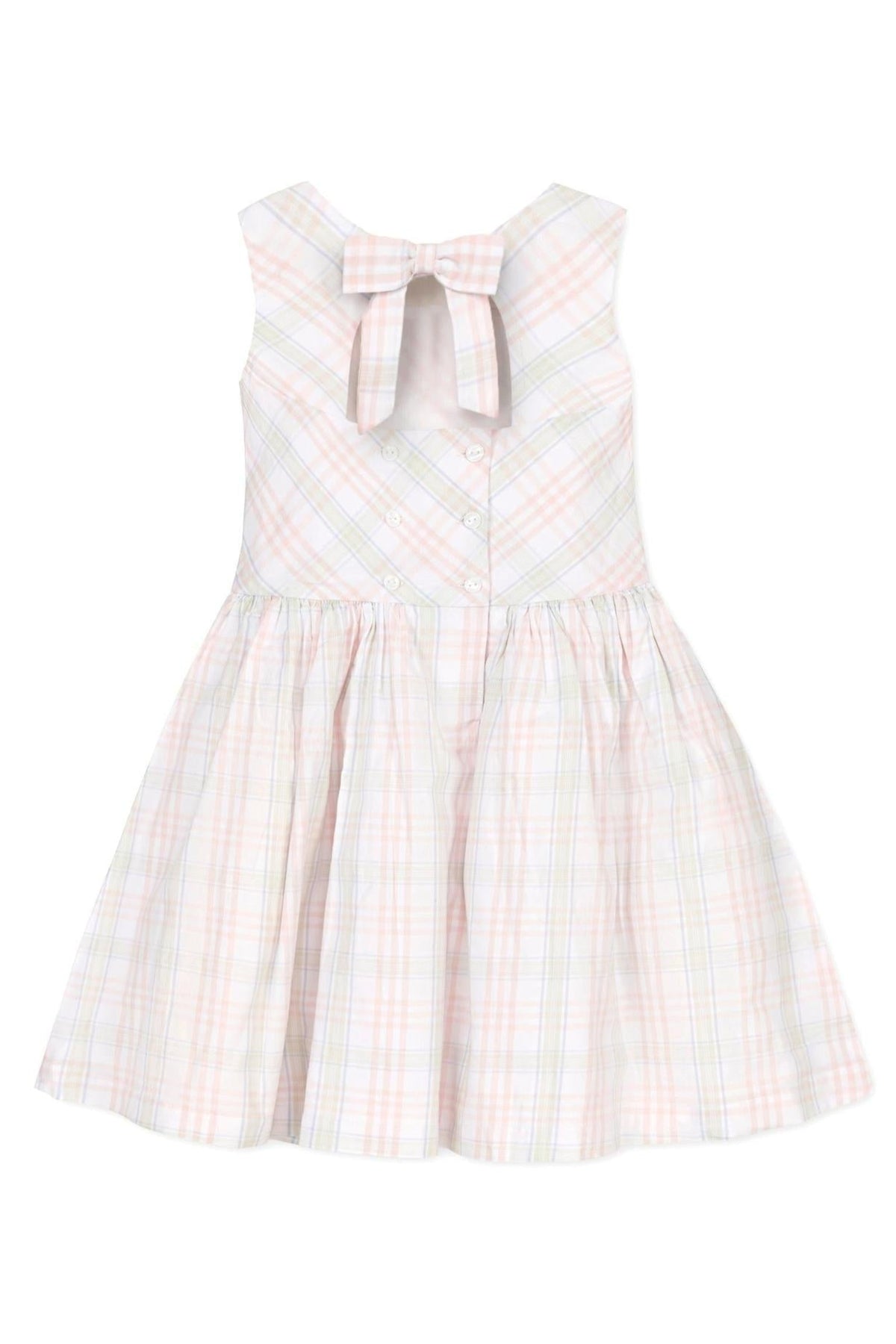 A sleeveless toddler dress in soft pastel plaid, featuring a bow at the back and a button closure.