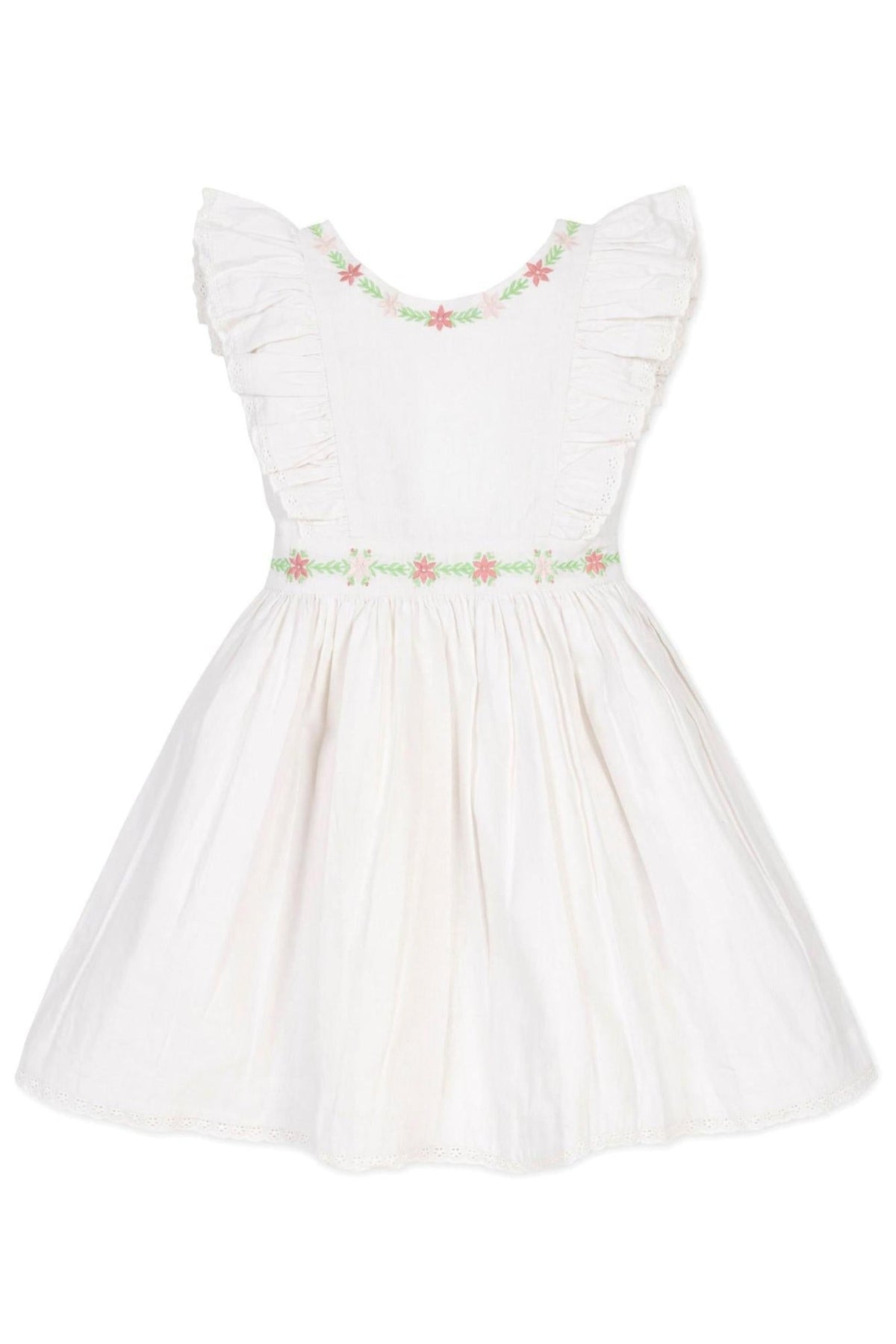 White linen jumper dress featuring ruffle sleeves and floral embroidery, designed for toddlers and kids. Ideal for warm weather.