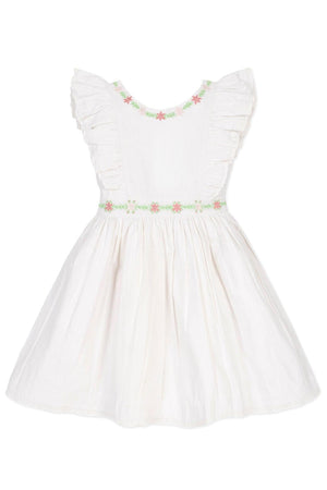 White linen jumper dress featuring ruffle sleeves and floral embroidery, designed for toddlers and kids. Ideal for warm weather.