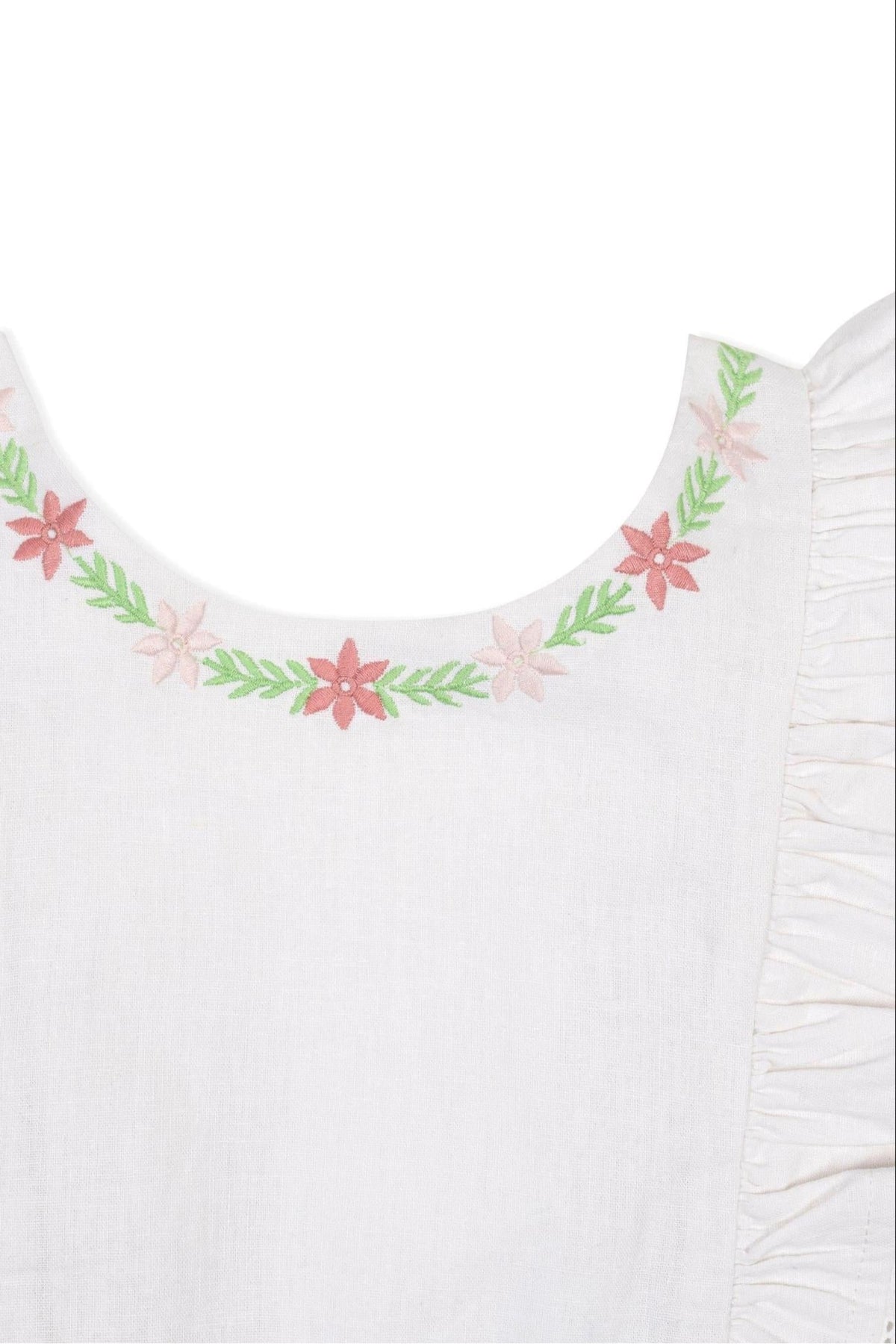 Close-up of a white linen dress featuring delicate floral embroidery in pink and green around the neckline and ruffled sleeve.