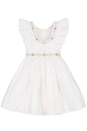 White linen jumper dress featuring ruffle sleeves and delicate floral embroidery, perfect for toddlers. Ideal for warm weather occasions.