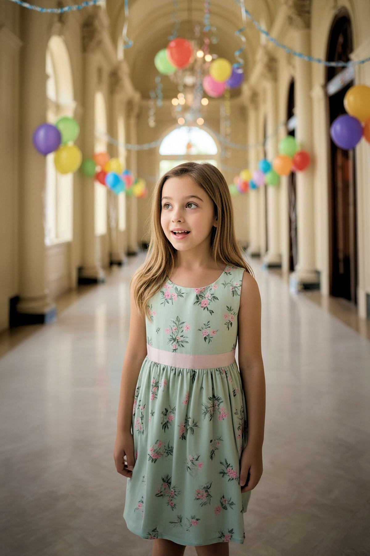 A girl with long hair wears a floral mint dress, standing in a decorated hallway with colorful balloons and chandeliers.