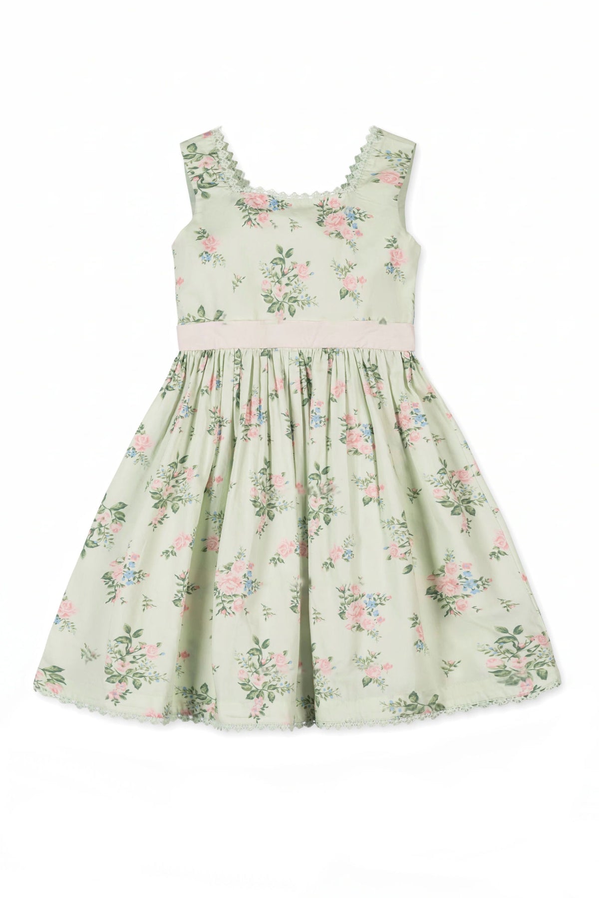 A sleeveless dress in soft green fabric features a floral pattern with pink and blue flowers, and a crochet-trimmed neckline.