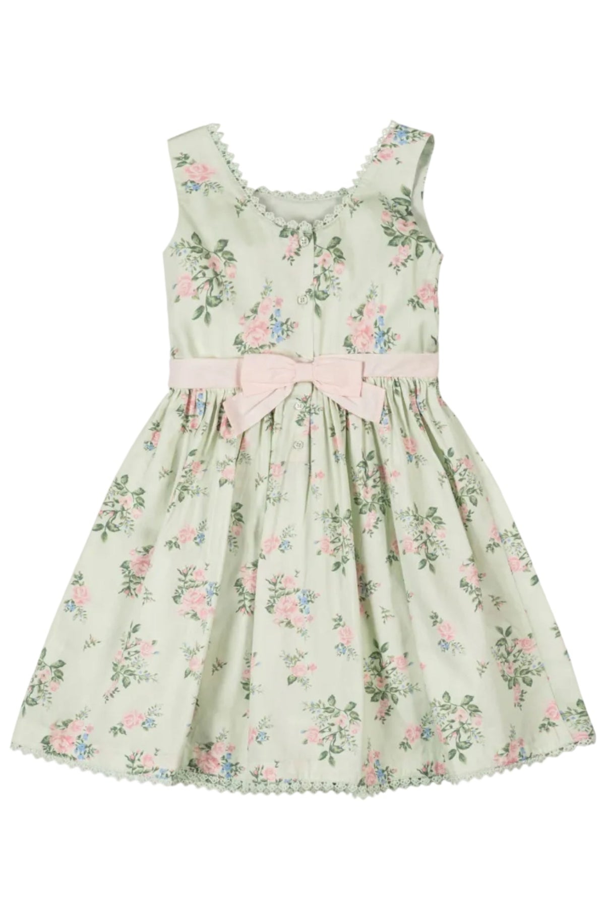 A sleeveless, light green party dress featuring a floral pattern, crochet trim, and a pink bow at the waist.
