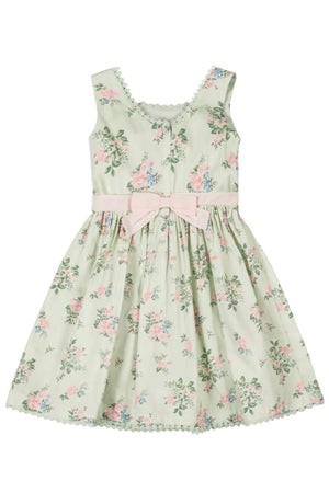 A sleeveless, light green party dress featuring a floral pattern, crochet trim, and a pink bow at the waist.