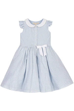 A light blue dress featuring a Peter Pan collar, ruffle sleeves, and a delicate floral print.