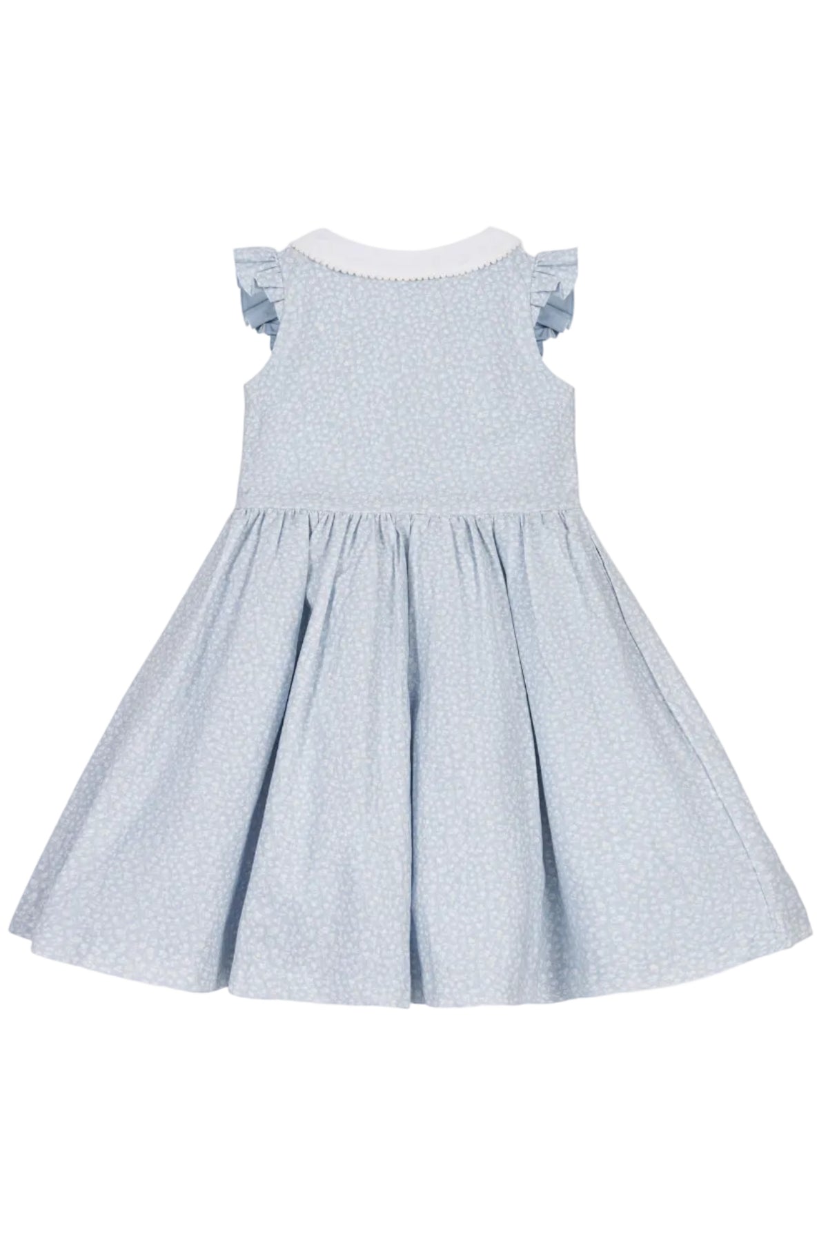 Light blue dress featuring a delicate Blue Chateau Ditsy print, ruffle sleeves, and a classic Peter Pan collar, made from a soft linen and organic cotton blend for toddlers and.