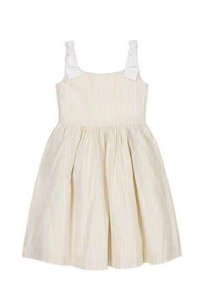 A sleeveless sundress featuring yellow and white stripes, with bow details on the shoulders and a flared skirt.