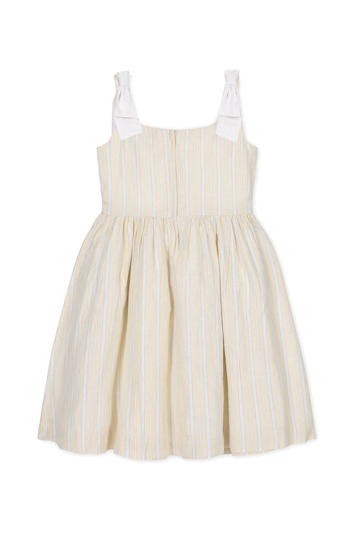 A light yellow and white striped sundress featuring bow shoulder straps and a gathered skirt, ideal for warm weather.