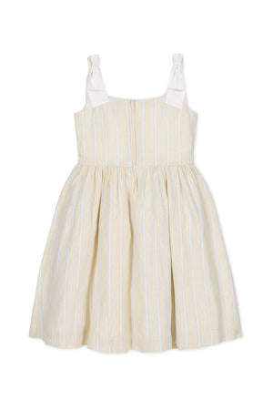 A light yellow and white striped sundress featuring bow shoulder straps and a gathered skirt, ideal for warm weather.