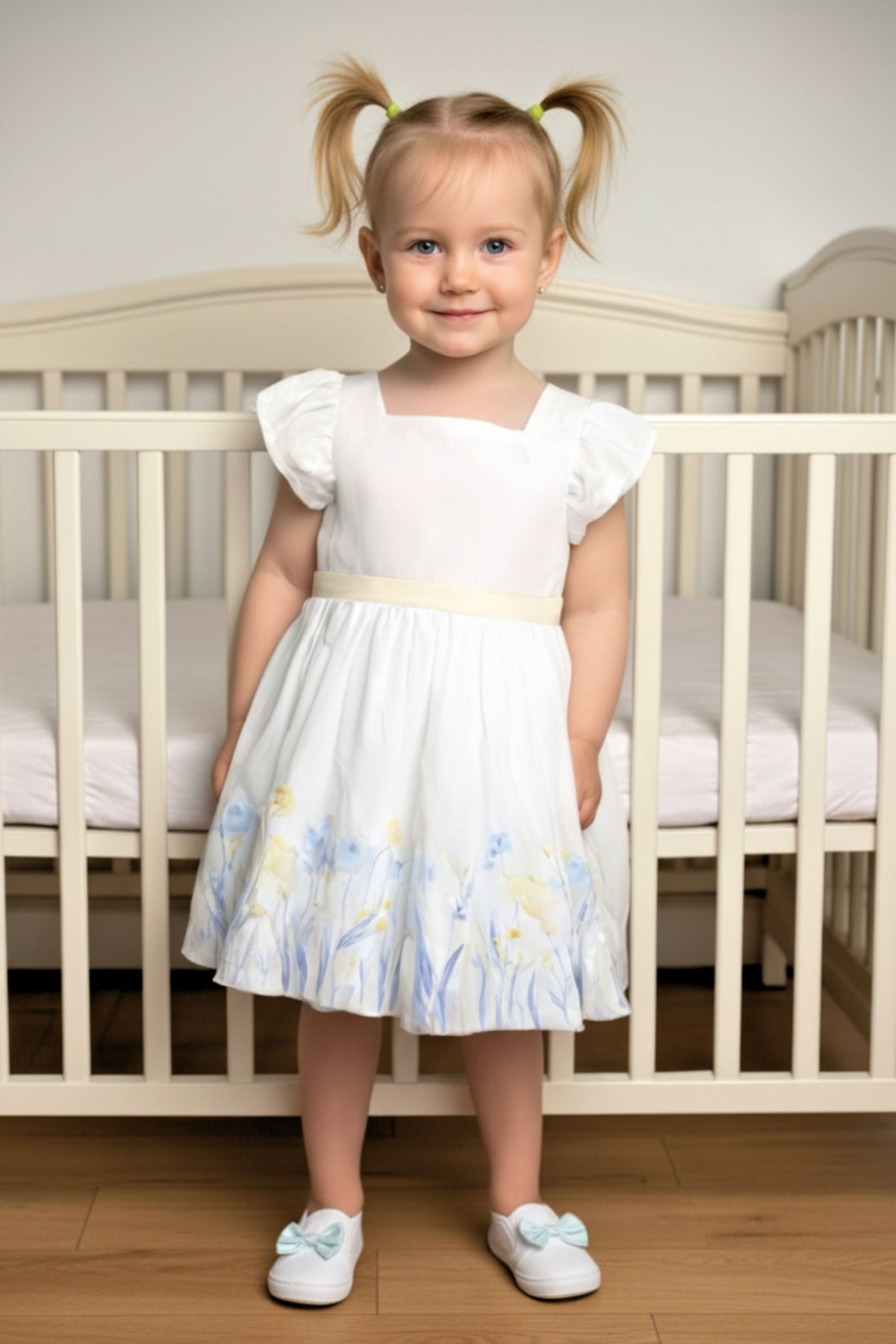 A young girl stands in a bright room wearing a white puff sleeve dress with a floral design at the hem.