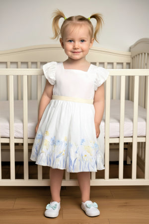 A young girl stands in a bright room wearing a white puff sleeve dress with a floral design at the hem.
