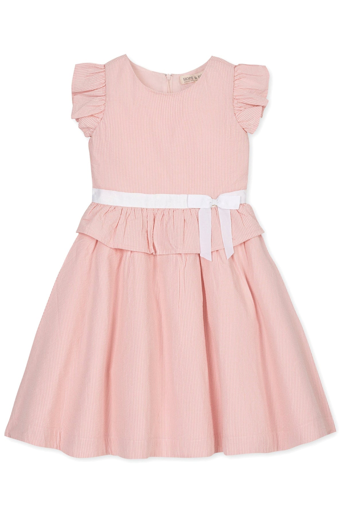 A pink seersucker dress with ruffle sleeves, a peplum waist, and a white sash, designed for girls in sizes 2T-12.