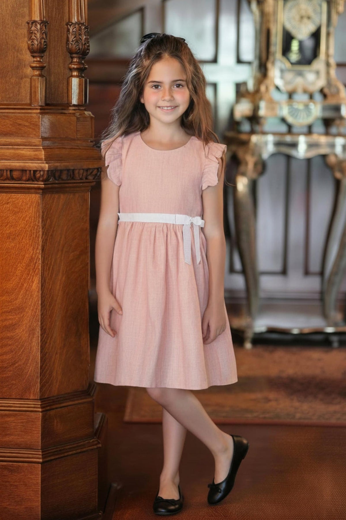 Hope & Henry Girls' Organic Seersucker Ruffle Sleeve Peplum Dress, Tonal Rose Seersucker, 3
