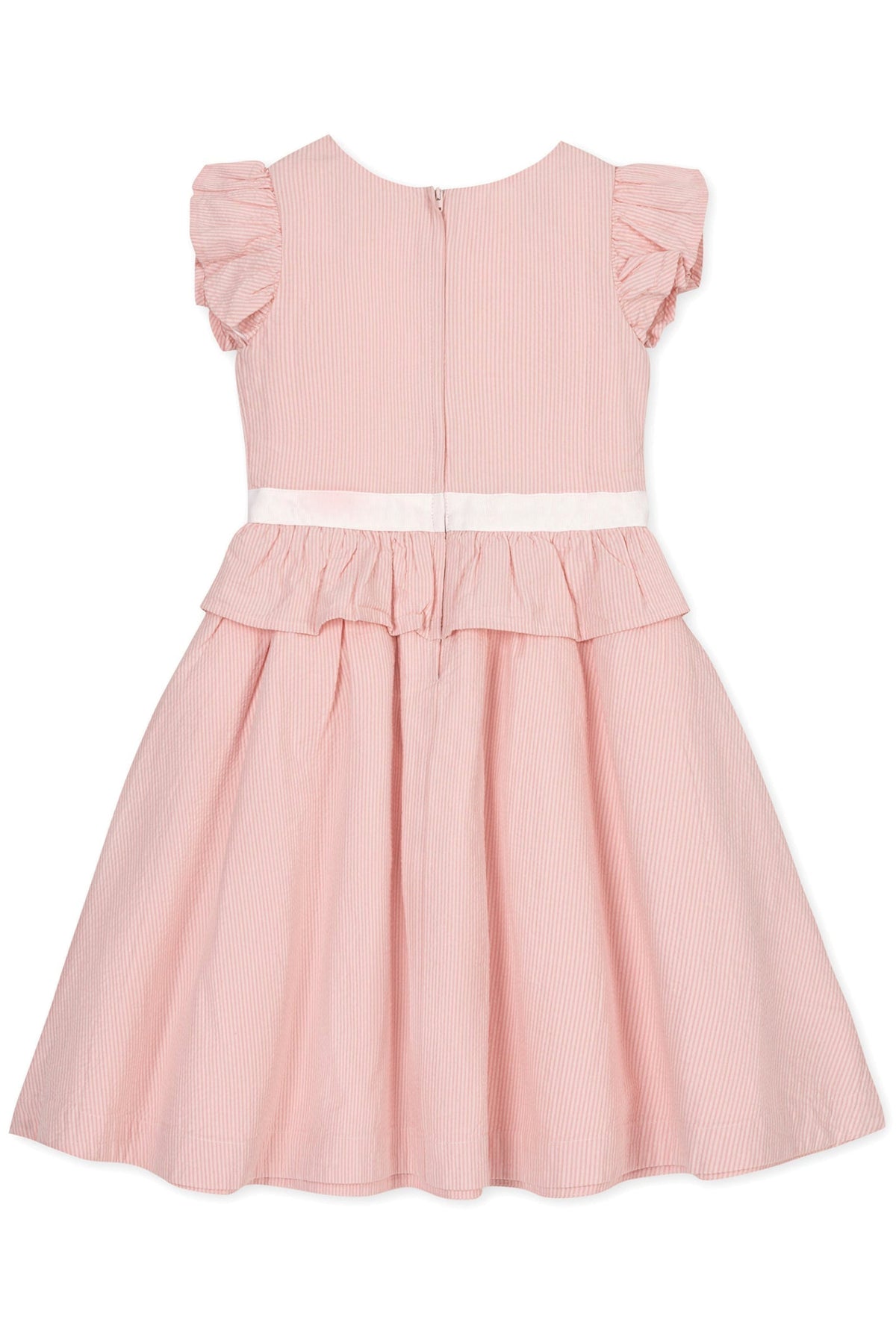 Back view of a pink striped peplum dress with ruffle sleeves and a white sash, featuring a zipper closure.