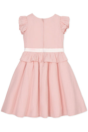 Back view of a pink striped peplum dress with ruffle sleeves and a white sash, featuring a zipper closure.