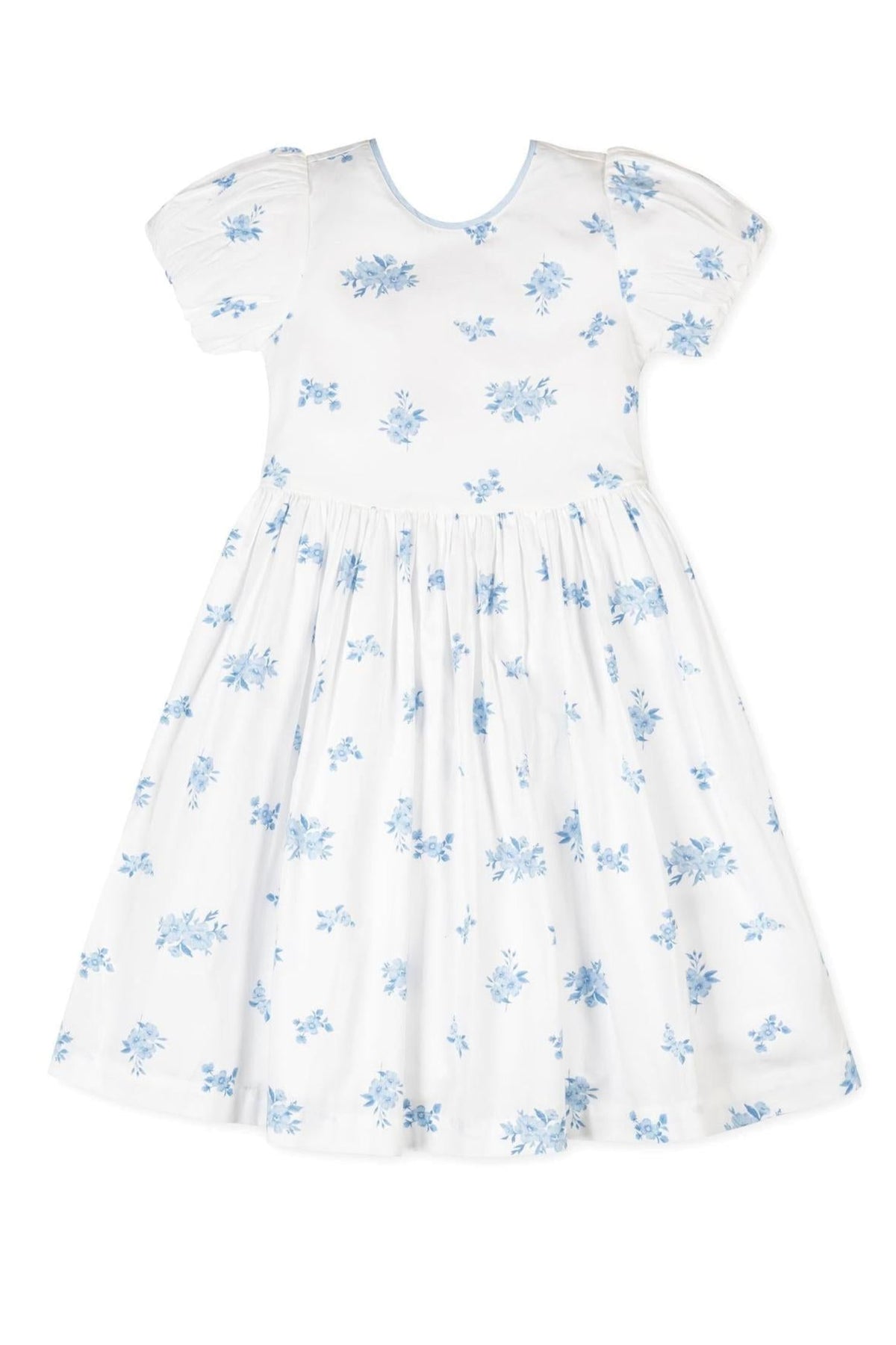White dress featuring delicate blue floral patterns and puff sleeves, made from soft organic cotton. Ideal for girls special occasions.