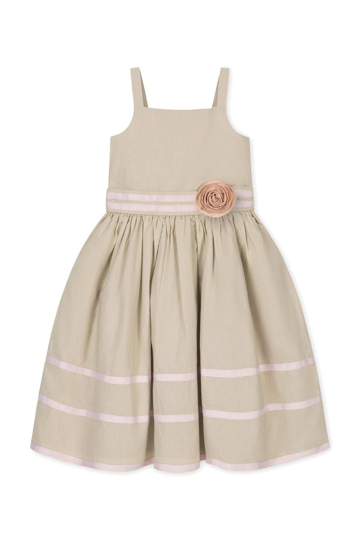 A soft sand-colored linen cami dress features a fit and flare silhouette, ribbon trim, and a decorative rosette at the waist, perfect for toddlers and kids. Ideal for spring occasions.
