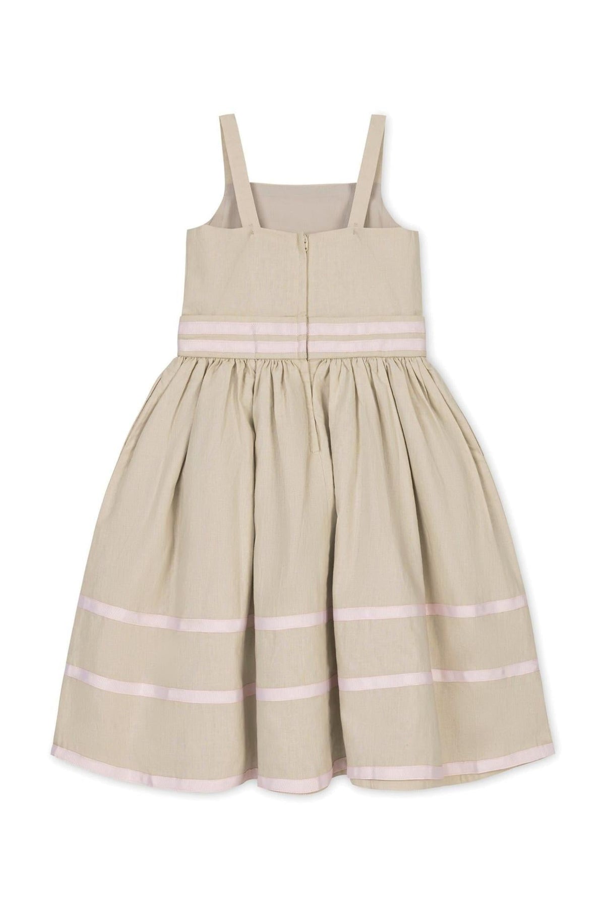 Light beige linen cami dress featuring a fit-and-flare silhouette, ribbon trim in soft pink, and a back zipper. Perfect for toddlers and kids, made from organic cotton and linen blend.