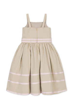 Light beige linen cami dress featuring a fit-and-flare silhouette, ribbon trim in soft pink, and a back zipper. Perfect for toddlers and kids, made from organic cotton and linen blend.