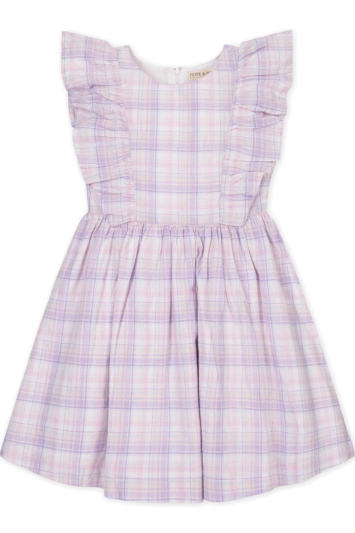 Light purple plaid dress with flutter sleeves and a gathered skirt, featuring a back zipper closure for easy dressing.