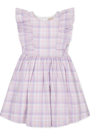 Light purple plaid dress with flutter sleeves and a gathered skirt, featuring a back zipper closure for easy dressing.