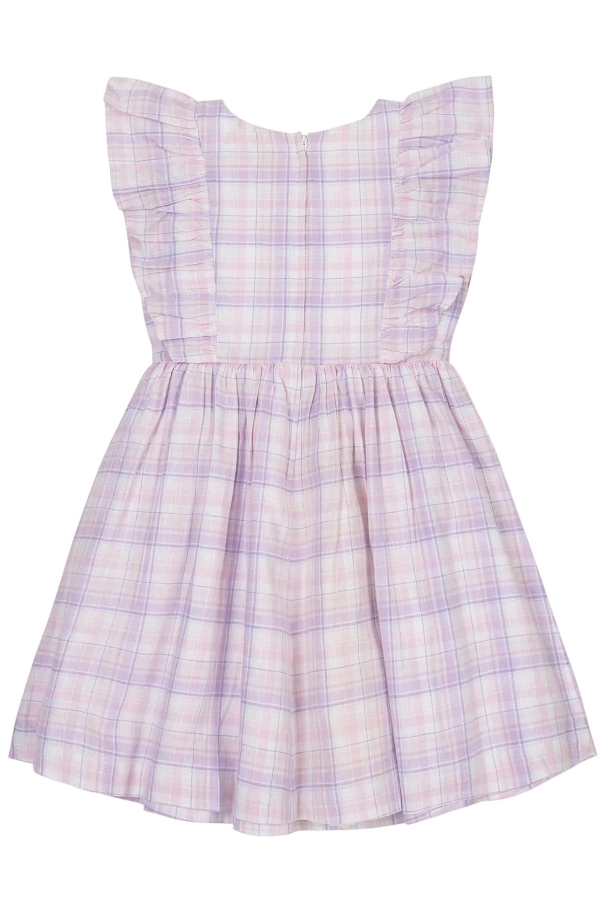 Flutter sleeve pinafore dress in pastel plaid patterns, featuring a zipper closure and a gathered skirt for toddlers and kids.