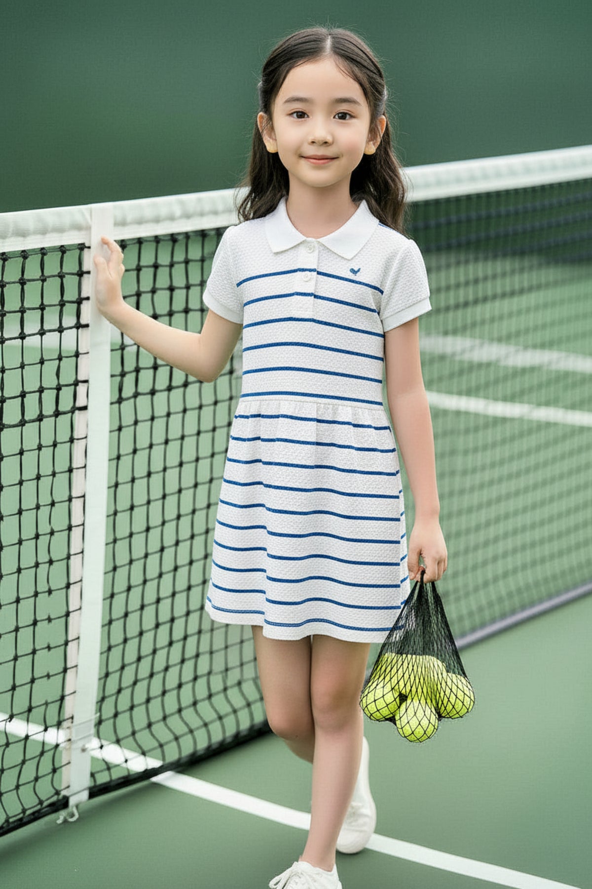 A girl in a blue and white striped polo dress stands by a tennis net, holding a bag of tennis.