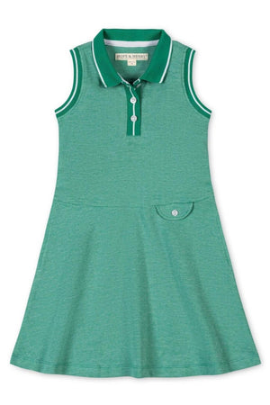 Green sleeveless polo dress with a button placket and decorative pocket, featuring contrast rib trim.