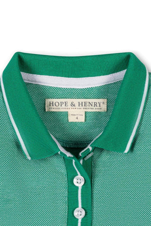 Green organic cotton polo dress with white trim and buttons, featuring a Hope & Henry label on the collar.
