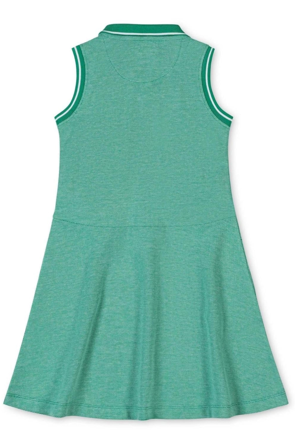 Green sleeveless polo dress with contrast rib trim, organic cotton material, and flared skirt, viewed from the back.