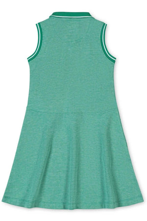 Green sleeveless polo dress with contrast rib trim, organic cotton material, and flared skirt, viewed from the back.