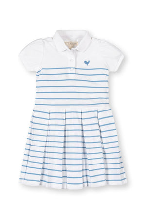 White pique polo dress featuring blue stripes, short sleeves, a collar, and a pleated skirt, suitable for girls ages 2T-12.