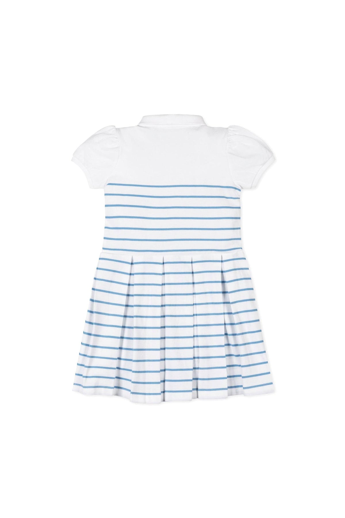 White polo dress with blue stripes, featuring short sleeves and a pleated skirt, made from organic cotton.