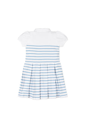 White polo dress with blue stripes, featuring short sleeves and a pleated skirt, made from organic cotton.
