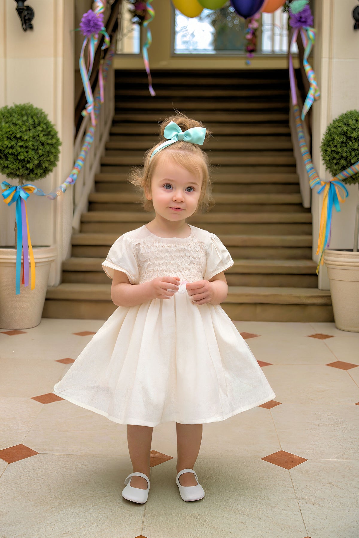 A young girl in a beige smocked dress stands on a tiled floor, holding the dress with a serene expression.
