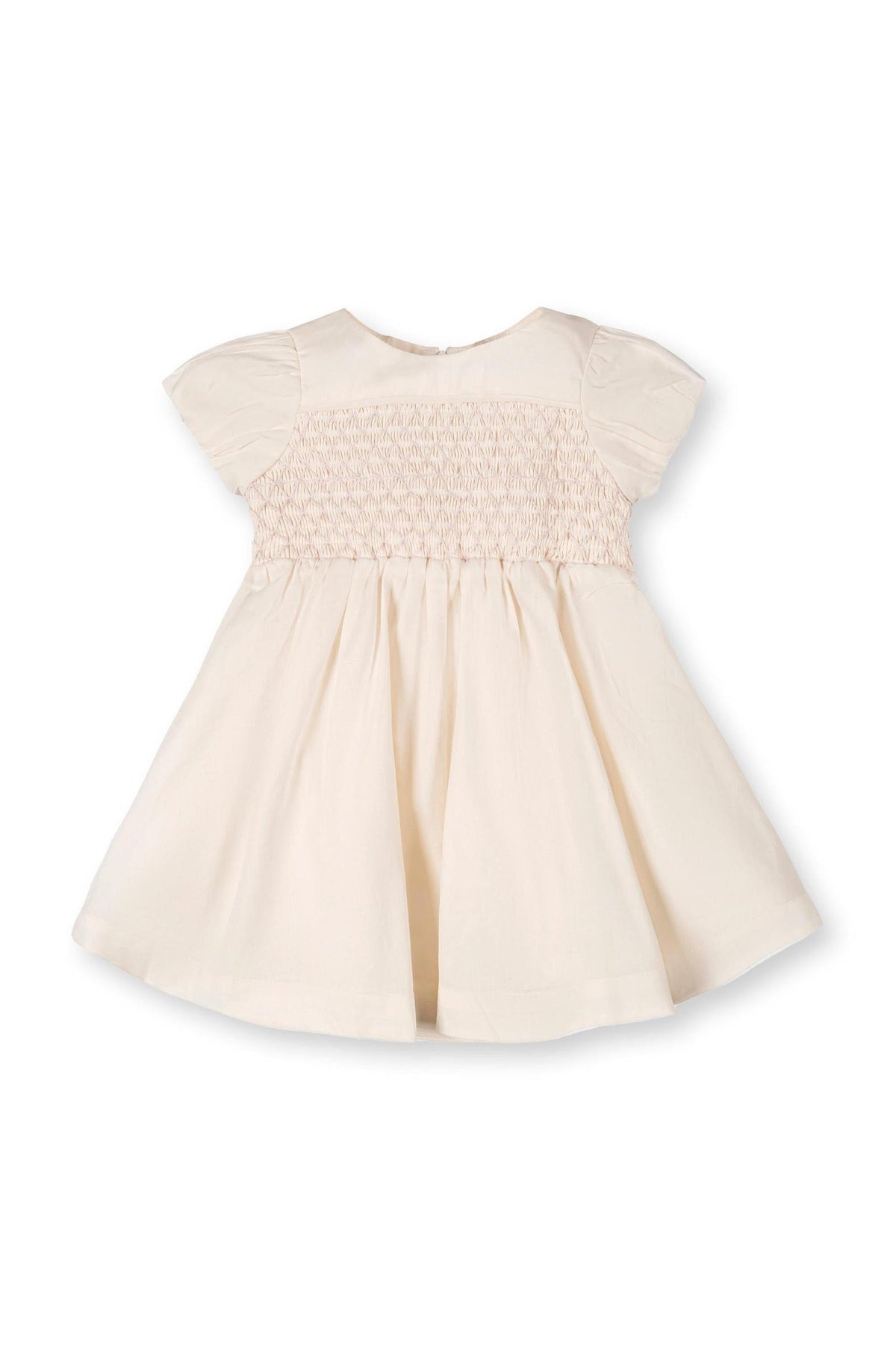 Beige organic cotton baby dress featuring a smocked bodice and puff sleeves, designed for infants aged 0-24 months.