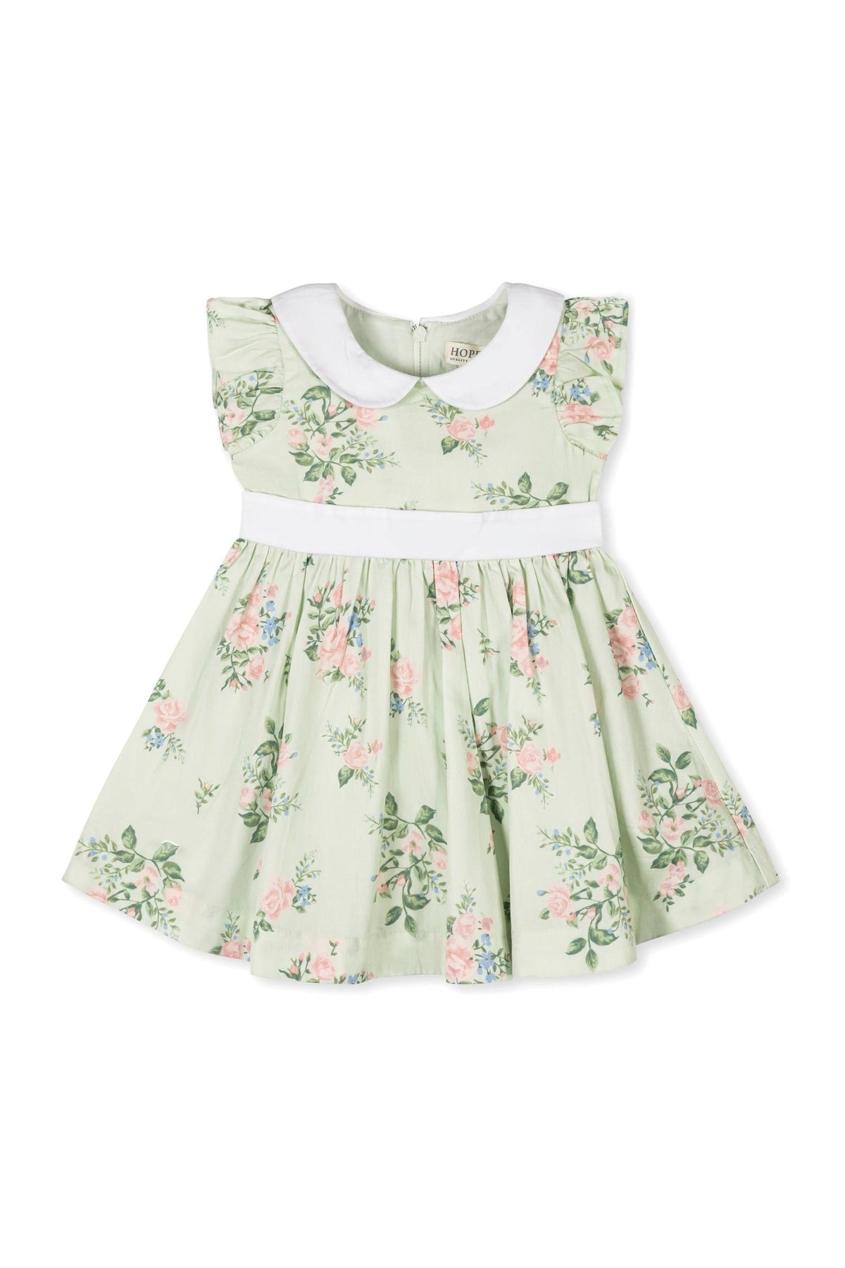 Light green dress with floral patterns, featuring a white Peter Pan collar and flutter sleeves, made from organic cotton.
