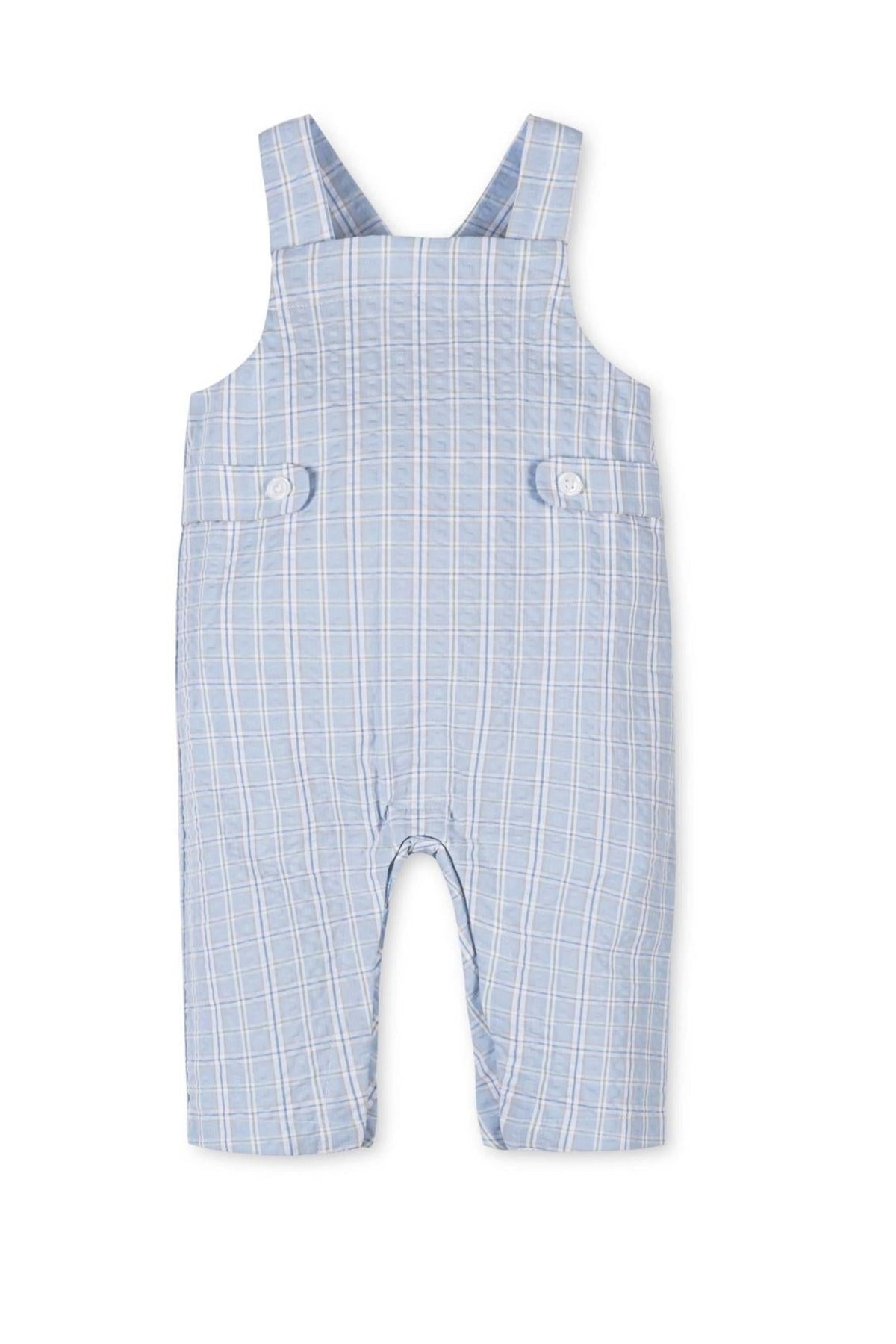 Light blue seersucker overall romper featuring decorative button tabs and a plaid pattern, made from soft organic cotton.