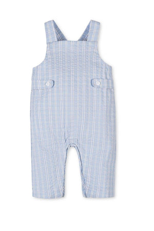Light blue seersucker overall romper featuring decorative button tabs and a plaid pattern, made from soft organic cotton.