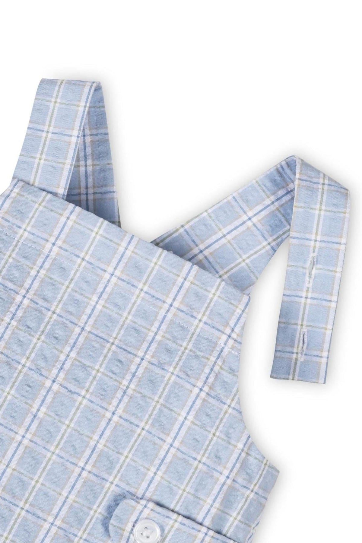 Light blue seersucker overall romper with a plaid pattern, featuring button tabs and adjustable straps, ideal for baby boys.
