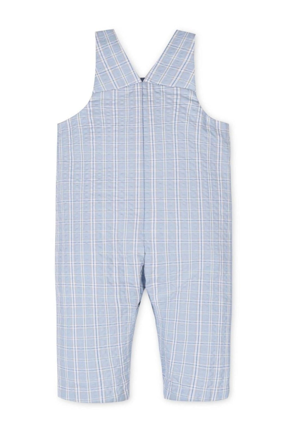 Light blue seersucker overall romper featuring a checkered pattern, designed for baby boys with adjustable shoulder straps.