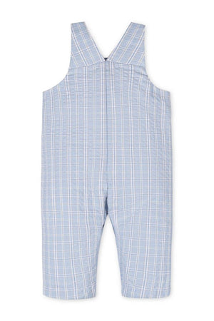 Light blue seersucker overall romper featuring a checkered pattern, designed for baby boys with adjustable shoulder straps.