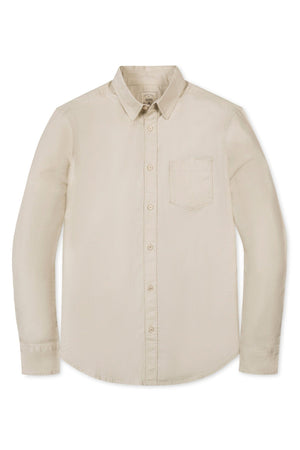 A light sand-colored linen button-down shirt features a classic long sleeve design and a functional left chest pocket, perfect for both casual and dressier occasions. Ideal for eco-conscious families.